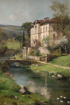 An elegant oil painting capturing a historic European villa perched by a tranquil river. A stone arch bridge spans the water, with figures and swans adding to the serene,

