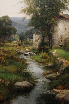 A beautiful traditional painting capturing a serene river flowing through a lush green forest, past an old stone house in a peaceful countryside setting.