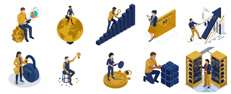 Isometric Business and Technology Illustration Set for Data Analysis, Marketing, Cybersecurity, and Global Strategy