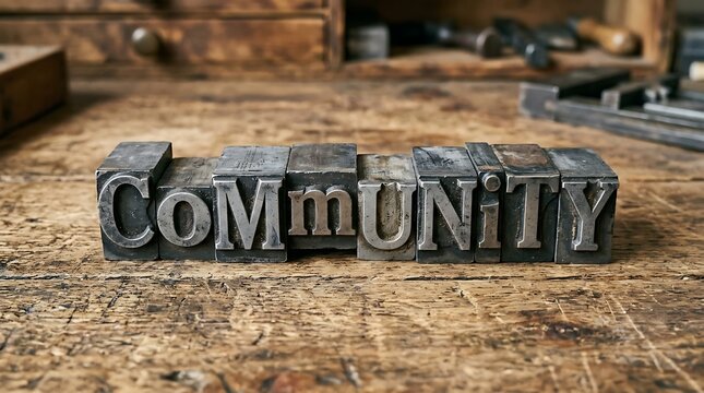 Community word spelled with vintage metal letterpress type blocks on a rustic wooden workshop table surface