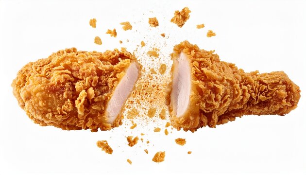 crispy golden brown fried chicken tender broken in half revealing juicy white meat with flying crumbs isolated on white background
