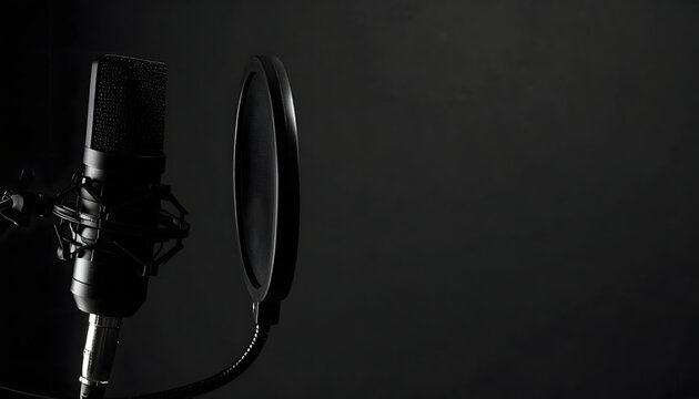 Professional condenser microphone with pop filter isolated on a dark black background for podcasting recording and studio audio production work