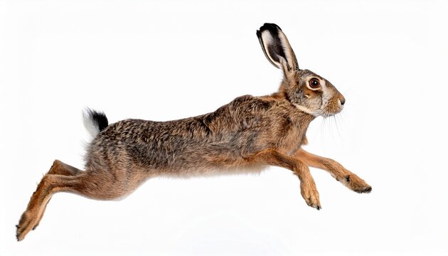 profile of a european hare jumping in mid air isolated on white background