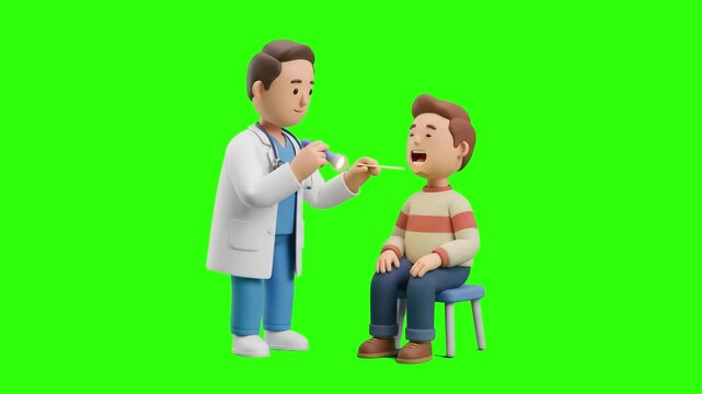 Cute 3D animated doctor examining a boy patient open mouth and throat with a medical flashlight and tongue depressor over a chroma key green background. Great for pediatric checkup ads, ENT doctor cli