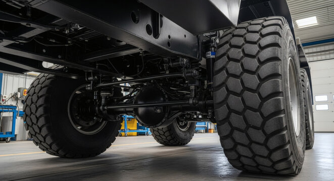 Heavy truck chassis showing the suspension system and large rubber tires inside a professional industrial vehicle maintenance repair workshop facility