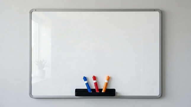 Whiteboard with colorful markers on a wall, blank surface for office presentation, business communication template with copy space, minimalist studio photography