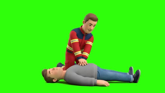 A 3D animated paramedic rescuer in a red emergency uniform performing chest compressions CPR on an unconscious patient against a chroma key green background. Suitable for first aid training clips, lif