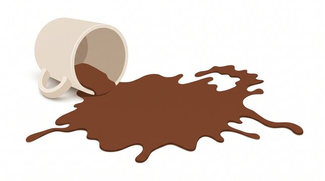 Spilled Coffee Cup Creates Abstract Brown Splatter on a White Background, Minimalist Design