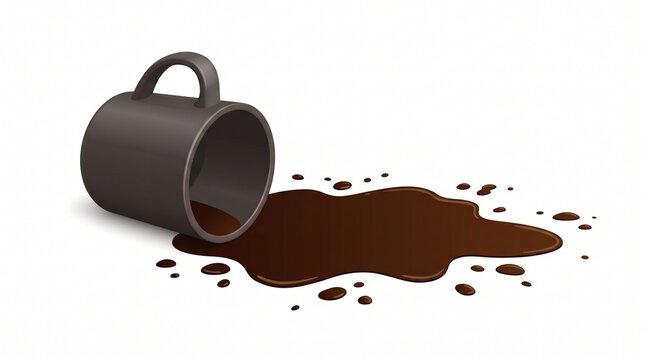 Spilled Dark Coffee Cup Illustration Featuring a Messy Liquid Puddle on a Clean White Surface Representing an Accidental Morning Drink Mishap