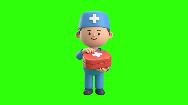 A 3D animated doctor wearing a surgical cap holding a red first aid medical kit box against a chroma key green background. Suitable for emergency medical ads, healthcare service commercials, safety gu