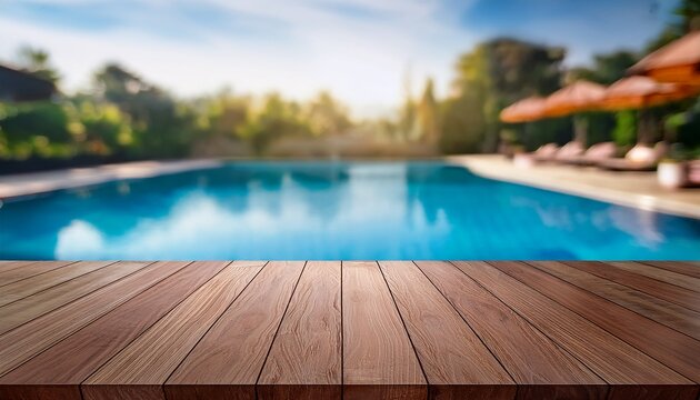 wooden top with blurred empty swimming pool background can be used for mocking up or display product to make advertising
