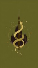 Fototapeta premium Golden Serpent Coiled Around Dark Wizard Spire, Fantasy Castle Silhouette and Sparkling Stars, Minimal Emblem on Olive Green for Poster, Shirt and Cover Art