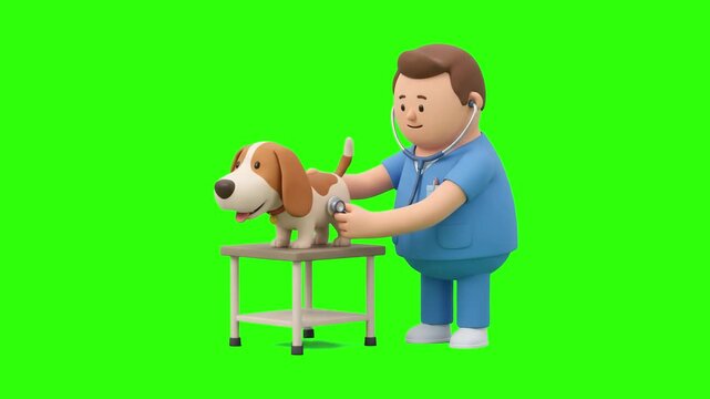 A 3D animated vet doctor using a stethoscope to examine a beagle dog on a medical table against a chroma key green background. Ideal for veterinary clinic commercials, pet health promos, animal care g