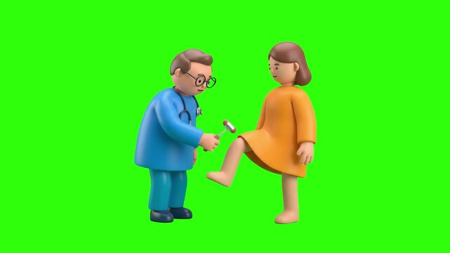 A 3D animated doctor in glasses testing knee reflex of a female patient using a neurological reflex hammer on a chroma key green background. Perfect for medical examination ads, neurology promos, hosp