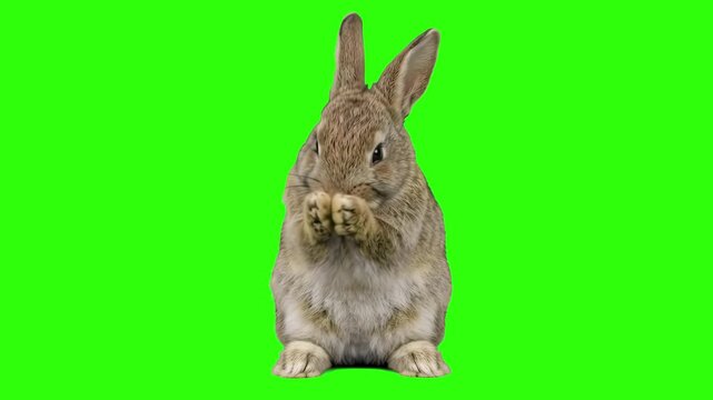 A close up shot of a real fluffy grey rabbit standing on hind legs and grooming its face with front paws on a chroma key green background. Ideal for pet care videos, Easter promo clips, nature documen