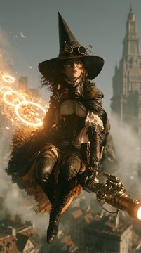 Steampunk witch in pointed hat and goggles floating above a town with glowing golden magic rings, dark fantasy Halloween character design for posters and covers