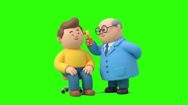 A 3D animated senior doctor examining a patient ear with an otoscope on a chroma key green background. Perfect for medical otolaryngology videos, clinic promos, healthcare animations, and video compos