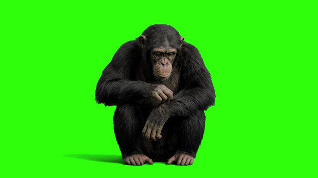 A wild chimpanzee sitting calmly and looking thoughtful on a chroma key green background. Perfect for wildlife documentaries, primates study videos, educational content, and animal compositing overlay