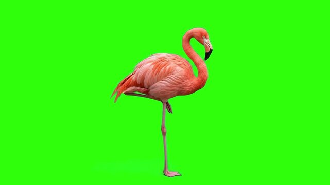 Real bright pink flamingo standing gracefully on one leg on a chroma key green background. Great for tropical vacation promos, exotic bird videos, summer beach advertisements, zoo animal footage, and 