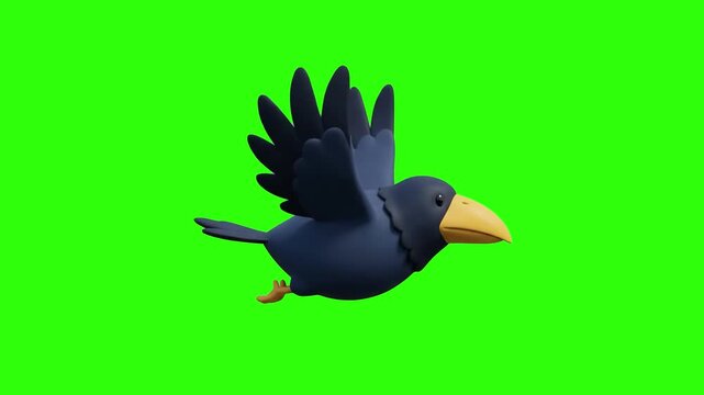 A cute 3D animated dark blue raven crow bird with a yellow beak flying in side view on a chroma key green background. Great for Halloween animations, kids storybooks, mystery themes, casual mobile gam