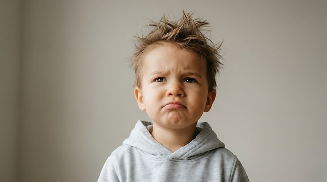 Toddler pouting in grey hoodie, portrait of a sad young child expressing frustration, neutral studio background, high quality commercial photography