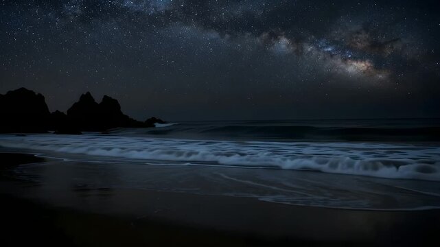 Bioluminescent Blue Waves Crashing on Dark Sand Beach at Night