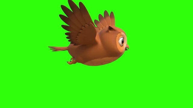 A cute 3D animated brown owl flapping wings and flying horizontally across a chroma key green background. Ideal for night forest scenes, educational content, cartoon animations, and video motion graph