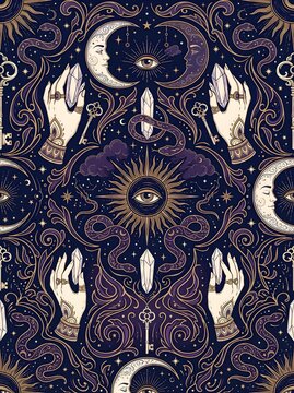 Mystical Celestial Seamless Pattern with Moon Sun and Eye