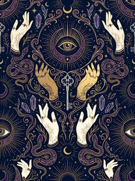 Esoteric mysticism pattern with mystic hands and all seeing eye