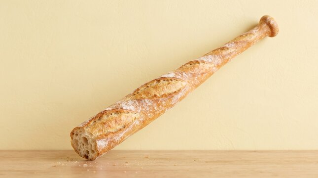 A sports baseball bat carved perfectly from a crispy baked French baguette bread representing the bizarre competitive overlap of culinary diets and athletics.