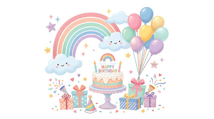 Obraz premium Cute Pastel Kids Happy Birthday Illustration with Rainbow, Smiling Clouds, Cake on Stand, Gift Boxes, and Balloons Isolated on White Background