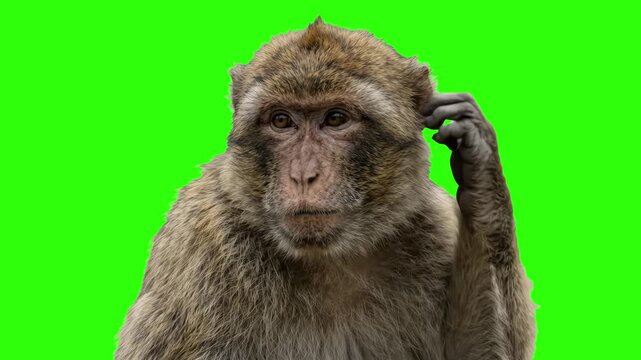 Close-up of a macaque monkey scratching its head with a confused expression on a chroma key green background. Excellent for confusion concepts, funny thought processes, problem solving, decision makin