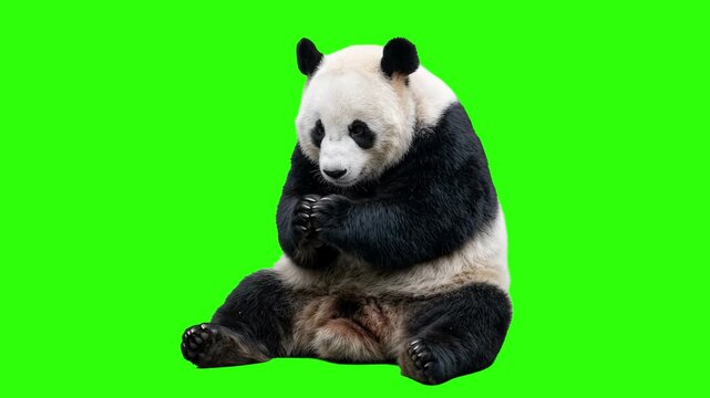 Cute giant panda bear sitting on the ground looking down thoughtfully on a chroma key green background. Great for wildlife conservation promos, zoo advertisements, educational videos about animals, ch