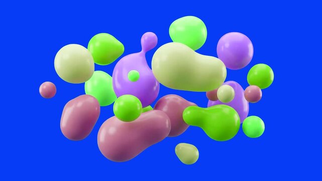 Abstract 3D glossy liquid drops and smooth organic blobs in pastel green, purple, and yellow floating over a chroma key blue background. Great for modern graphic design overlays, abstract fluid animat