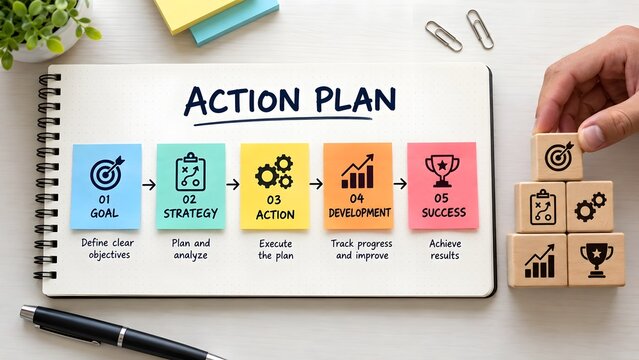 Action plan roadmap with five steps goal strategy action development and success visualized on a notebook with icons and blocks representing business planning and achievement.
