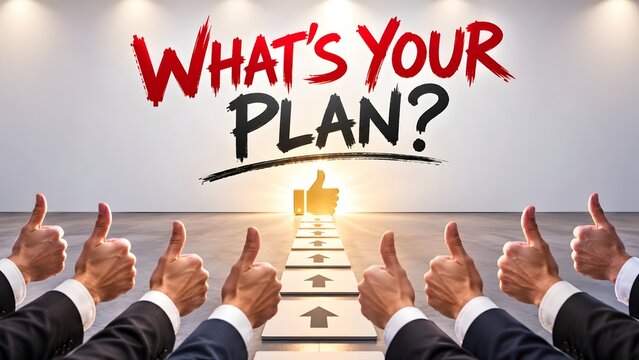 Business professionals give thumbs up in approval as What s Your Plan is written on a wall with a path leading to a glowing thumbs up icon.