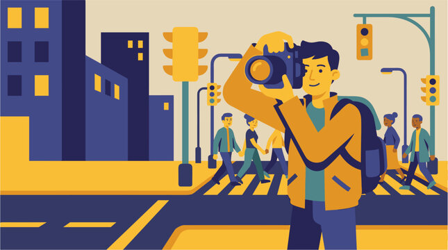 Man with camera taking photos on city street crossing, urban