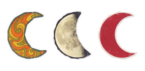 Vector set of vintage crescent moons with different textures and patterns isolated on white background © Septi.First