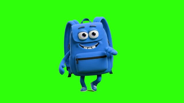 A cheerful 3D animated blue backpack mascot character with face and limbs walking happily on a chroma key green background. Excellent for back to school advertisements, educational promos, rucksack sa