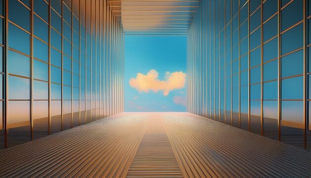3d geometric corridor with beautiful sky background