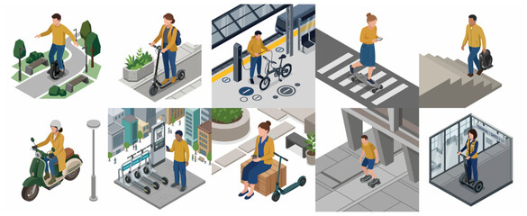 Isometric People Using Modern Personal Electric Vehicles for Urban Micro-mobility, E-Scooters, Unicycles, and Electric Bikes in City Settings © Ikan