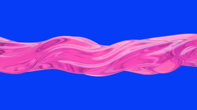 A smooth pink glossy liquid stream or gel flowing in a wave motion horizontally against a blue chroma key background. Great for beauty product ads, cosmetics promos, pink slime animations, lip gloss c