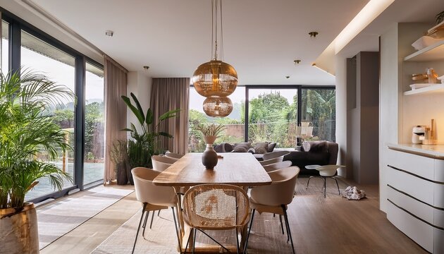 modern sleek living room with a wooden table and marble top fitting chairs around table palm plant decor modern hanging lights