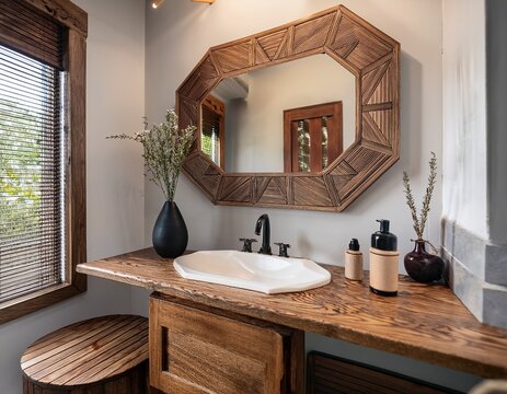 rustic bathroom vanity with geometric wood inlay and octagonal mirror