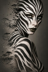 Fototapeta premium Zebra Woman Dissolving into African Savanna Conceptual Portrait