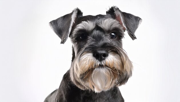 a miniature schnauzer standing on a white background its distinctive beard and keen expression showcasing its intelligent and spirited nature