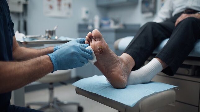 Professional podiatrist cleaning and treating a chronic foot ulcer wound of a patient in a medical clinic