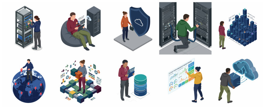 Isometric icons set of cloud computing, data center server maintenance, network security, and database management system with professional IT specialists and administrators.