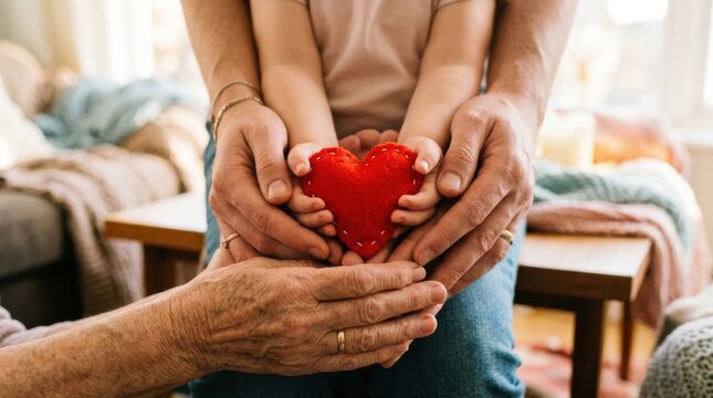 Family hands holding red heart, generations showing love, care, and support together
