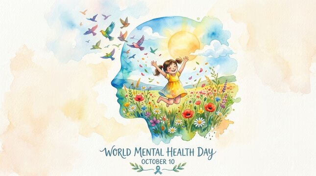 World mental health day watercolor with happy child, flowers, sun, birds within head silhouette
